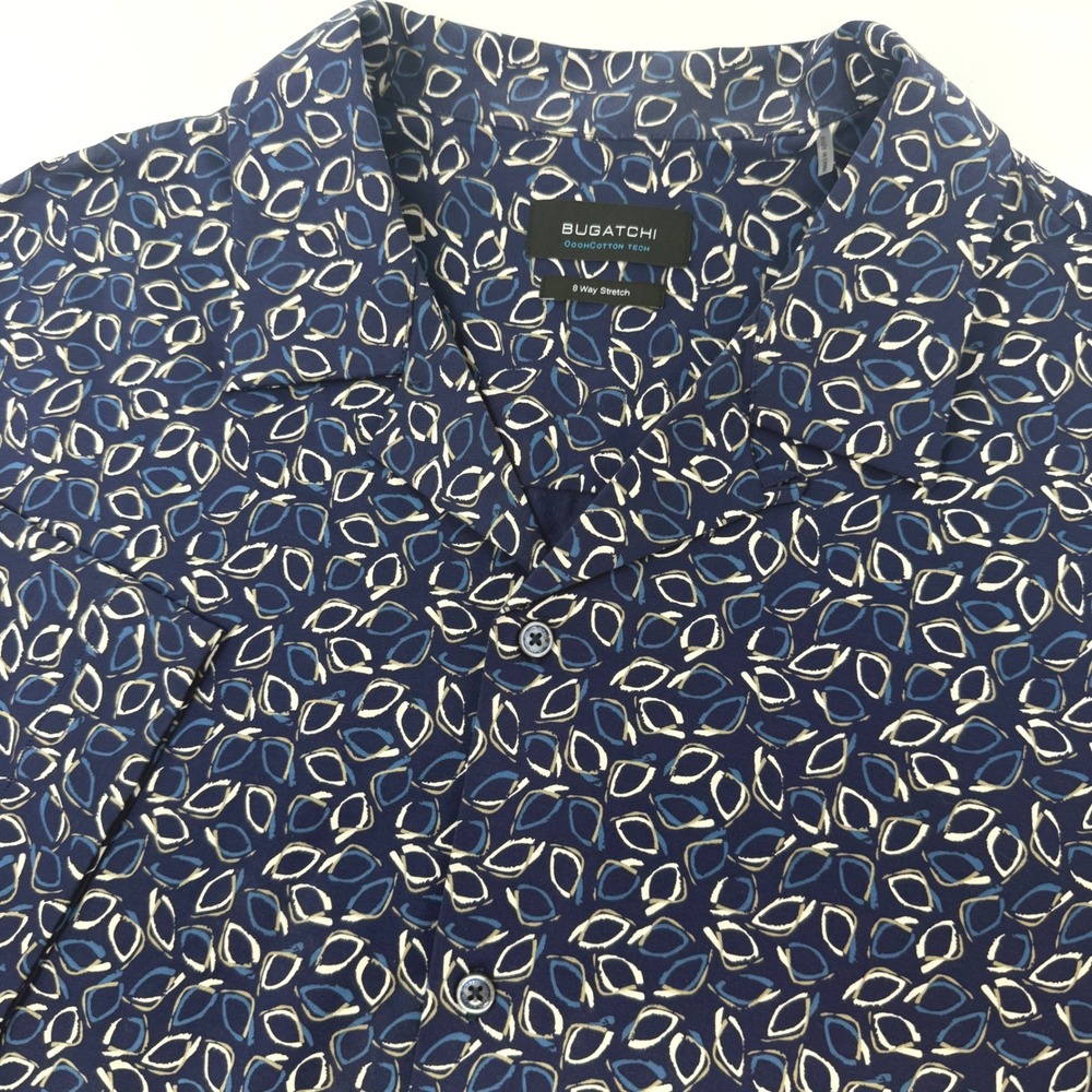 Bugatchi OoohCotton Tech Mens XL Navy Geometric 8-Way Stretch Shirt BF9066S71